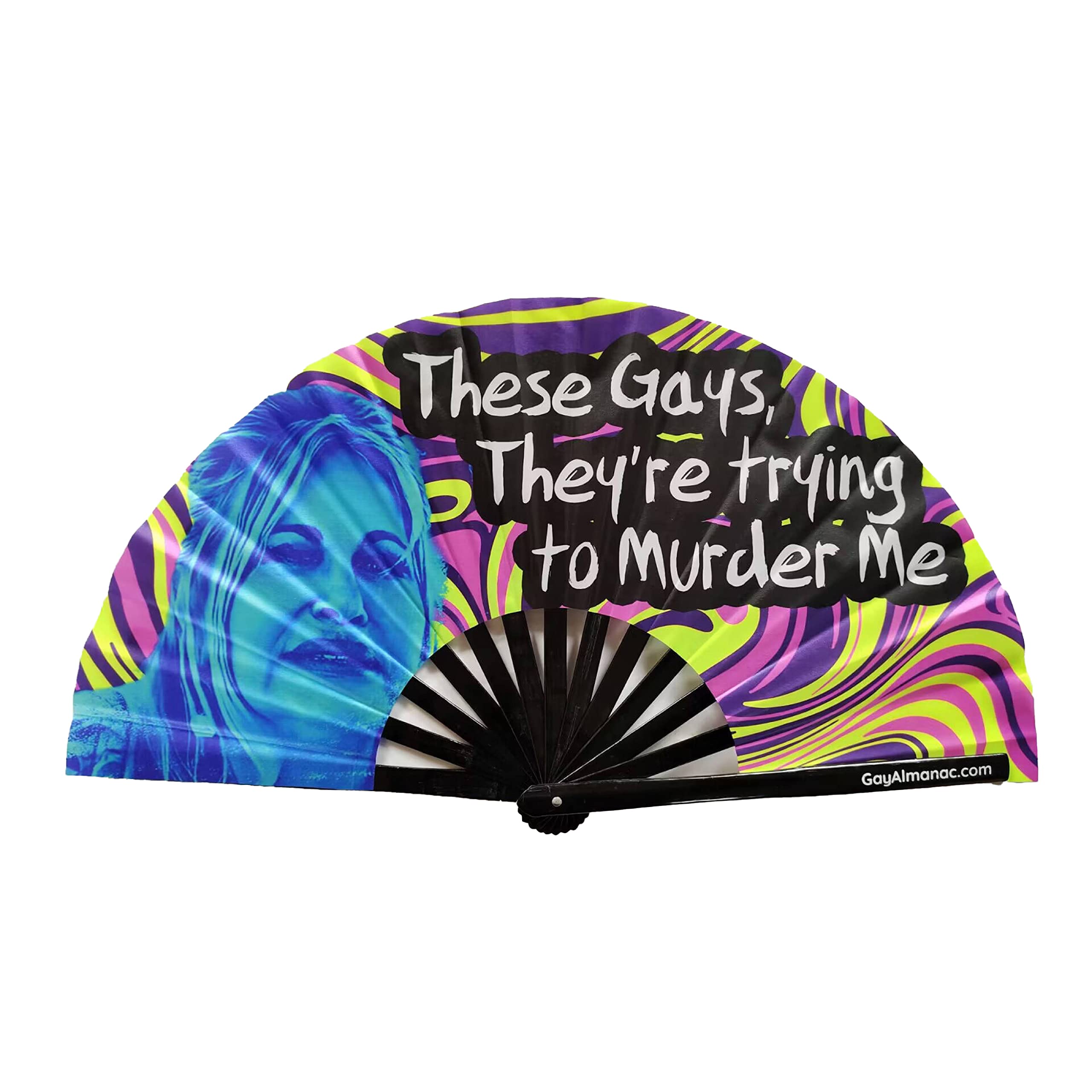 PandaTak Gay Pride Folding Hand Fans, Funny Large 13" Bamboo Fan with UV Reactive Ink, for LGBTQ Circuit Parties EDM Festivals and Raves (These Gays They're Trying to Murder Me)