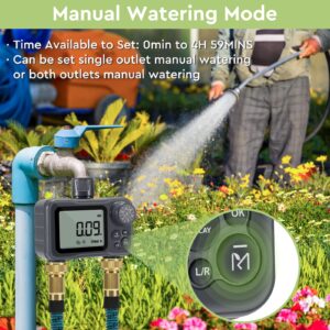 Moistenland Hose Timer, Irrigation Timer, Lawn & Garden Watering Equipment, with Rain Delay/Manual/Automatic Watering System, IP54 Waterproof, 3.1 Inches Large Screen(2 Outlets)