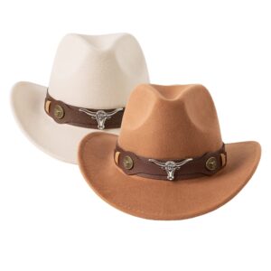 zokunari womens 2 pack western style cowboy hats with wide belt buckle beige+khaki