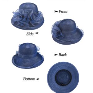 Wide-Brim-Kentucky-Hat Sun-Hat for Womens Foldable UV-Protection Summer-Derby-Tea-Party-Fascinator-Hats(M/L) Navy