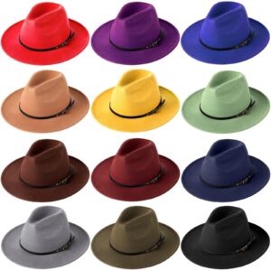 12 pcs felt panama hats with belt buckle - adjustable vintage wool brim hats for women (classic colors)