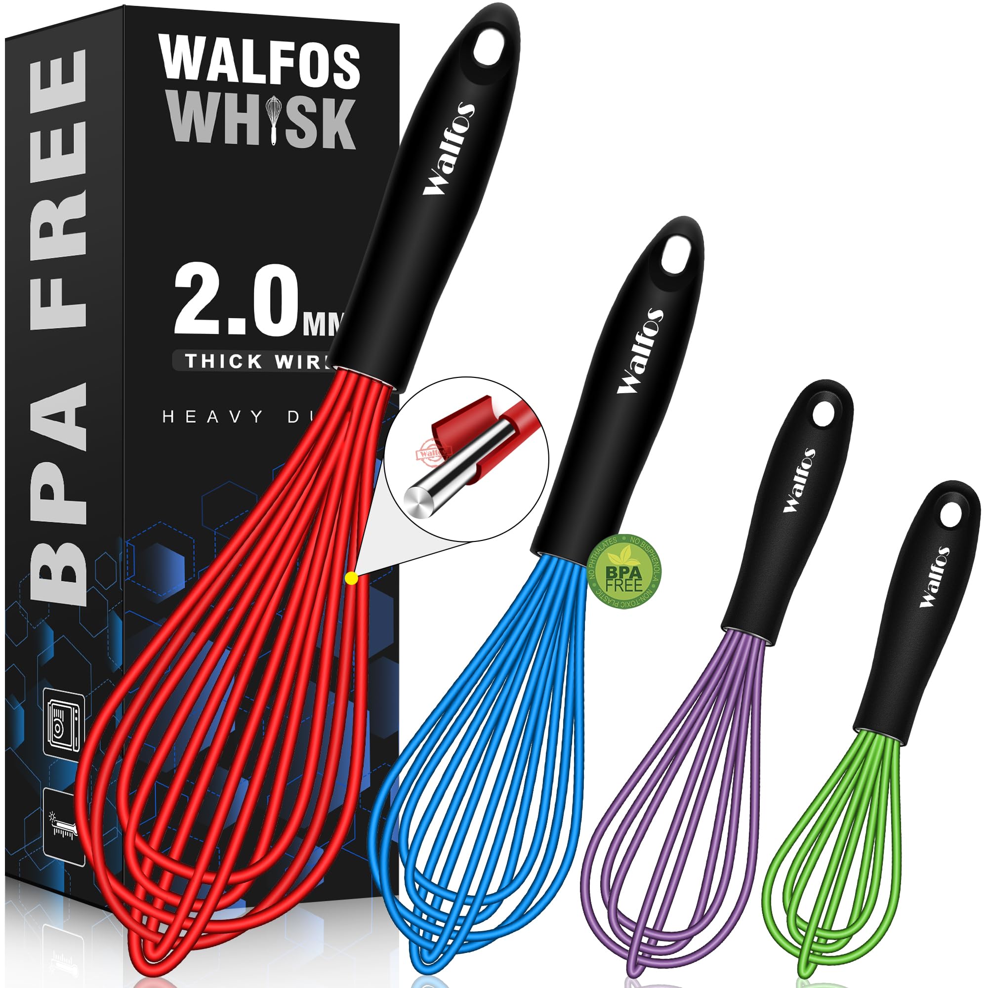 Walfos Whisk, Silicone Whisk Heat Resistant (480°F) Kitchen Whisks Set of 4- Professional Whisks For Cooking Non Scratch, Balloon Egg Wisk Perfect for Frothing, Blending, Beating