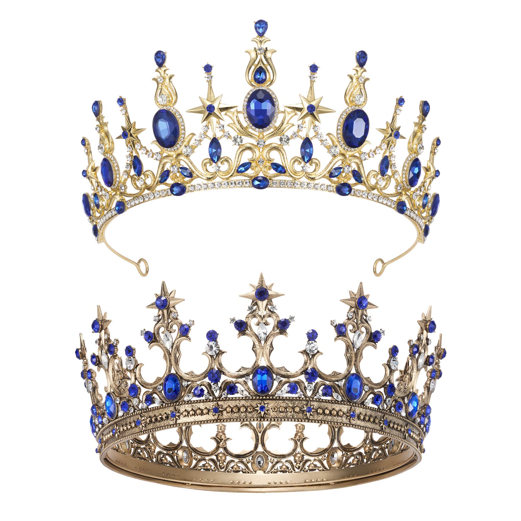 SWEETV Couple Crowns for Women & Men,Crystal Queen Tiara King Crown Set,2-Pack Gold Blue Medieval Hair Accessories for Prom Wedding Photo Shoot Birthday