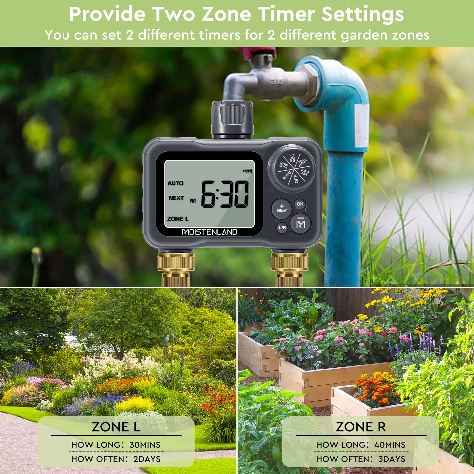 Moistenland Hose Timer, Irrigation Timer, Lawn & Garden Watering Equipment, with Rain Delay/Manual/Automatic Watering System, IP54 Waterproof, 3.1 Inches Large Screen(2 Outlets)