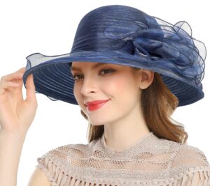 wide-brim-kentucky-hat sun-hat for womens foldable uv-protection summer-derby-tea-party-fascinator-hats(m/l) navy