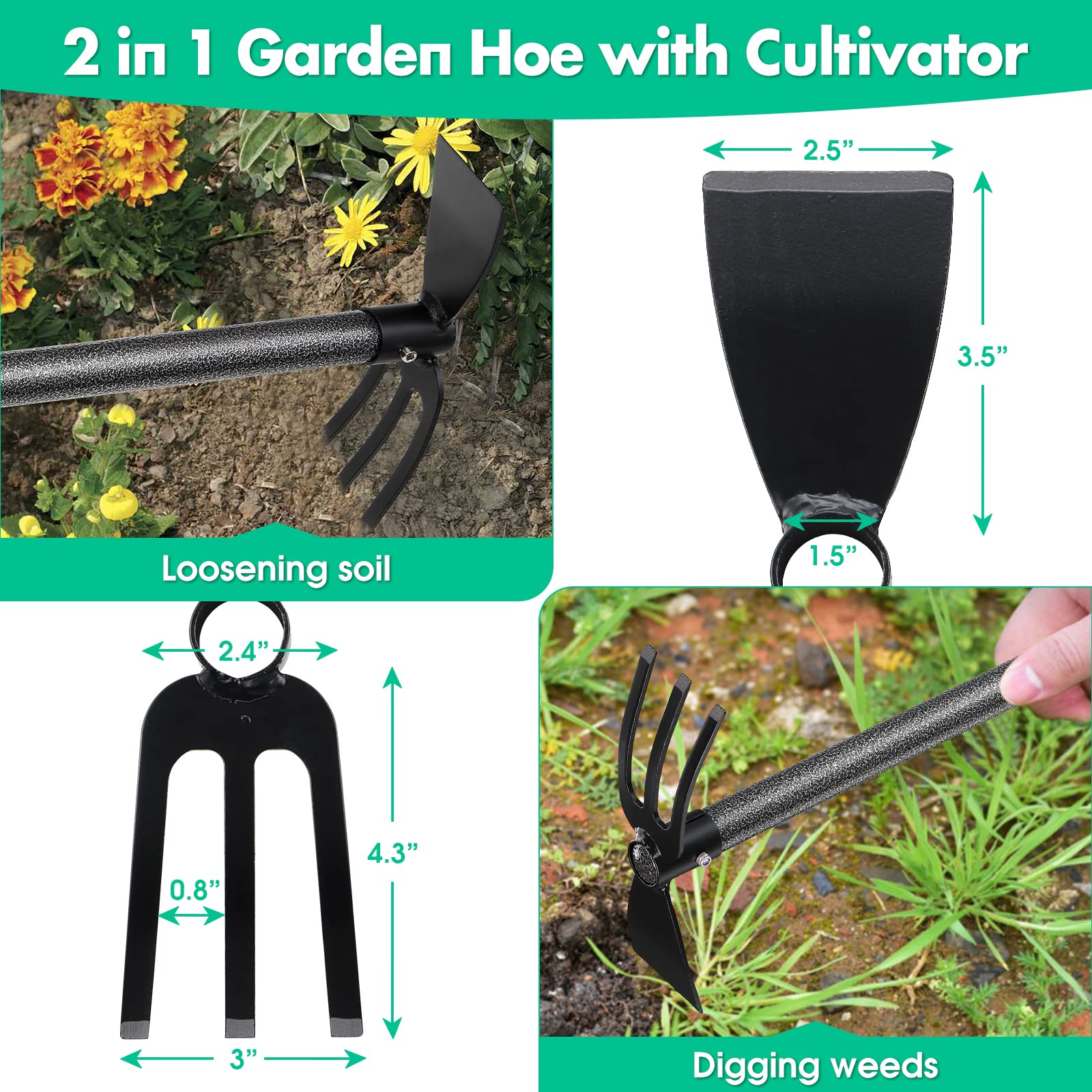 Hoe Garden Tool,45 Inch Long Garden Hoe and Cultivator, Garden Hand Tiller with Long Handle,Heavy Duty Garden Tools Hoe Cultivator for Gardening,Weeding, Tilling,Lossening Soil,Planting