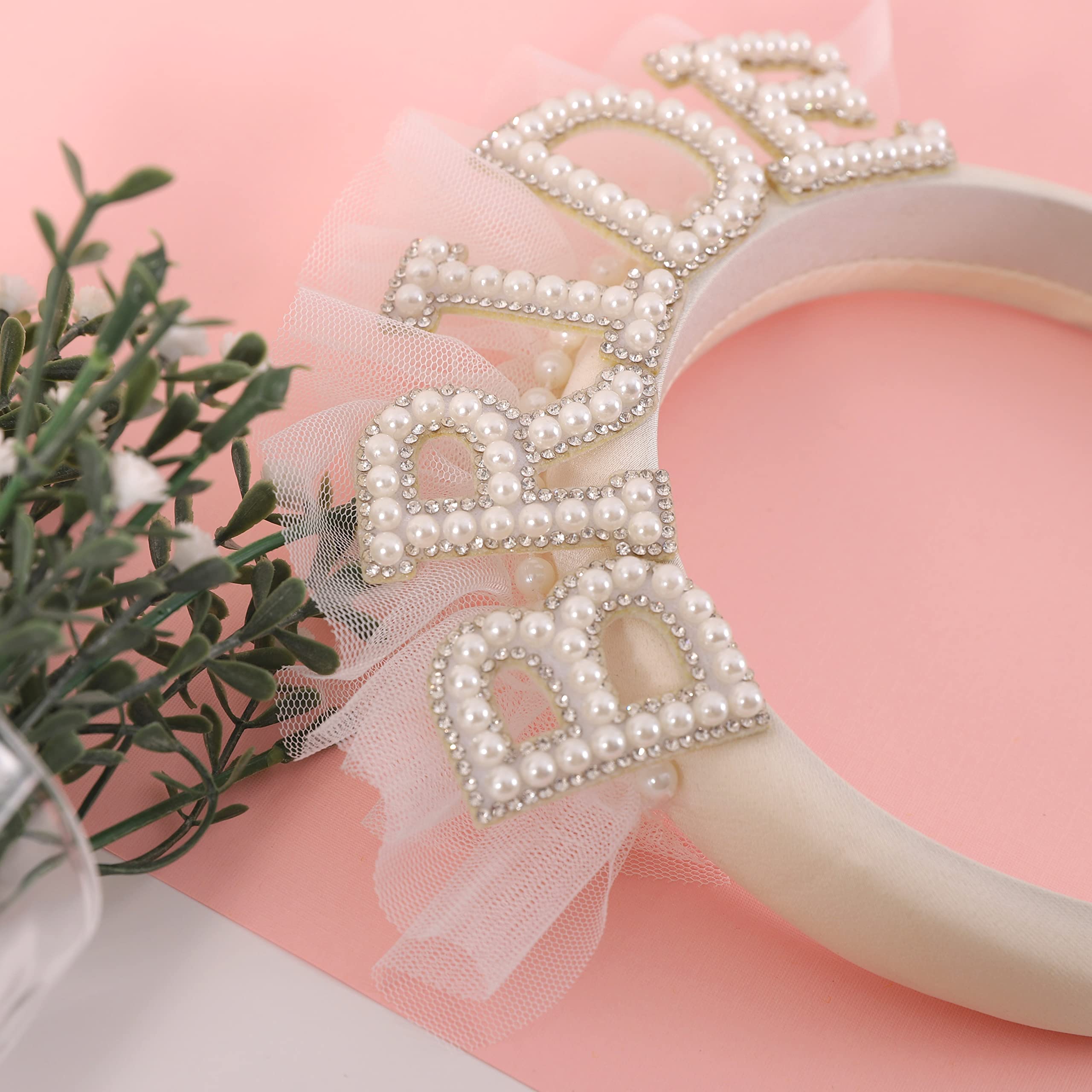 Agkvw Pearl Veil Bride Headband, White Satin Hairband with 'BRIDE' Decorated by Pearl and Rhinestone, Bridal Hairband for Bachelorette Party Decorations, Women's Hair Accessory