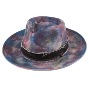 Vintage Wide Brim Fedora Hats for Men Women 100% Wool Felt Panama Rancher Hat with Lightning Logo Distressed/Burned Handmade Purple Blue