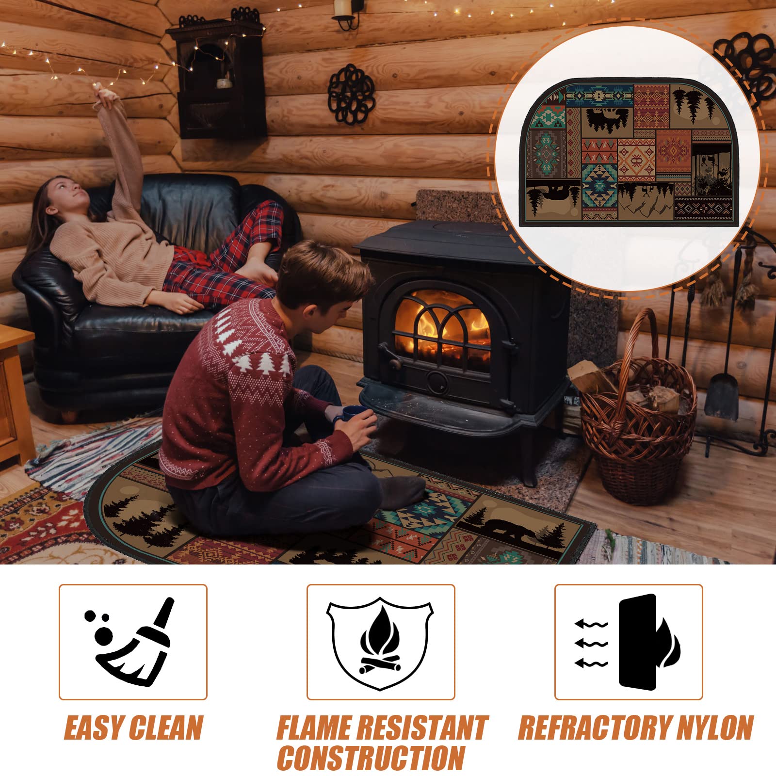 Demissle Fireplace Hearth Rug Fireplace Mats Cabin Southwestern Fireproof Fireplace Rug Fire Resistant Mat for Wood Stove Floor for Kitchen Indoor Outdoor(27 x 48 Inch,Classic)