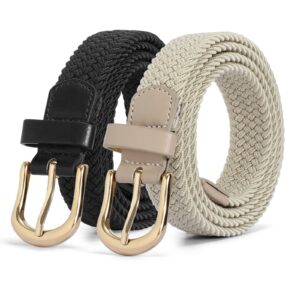 jasgood women braided elastic belt, 1'' narrow width woven fabric belt for jeans men golf belt with gold buckle, b-black+khaki