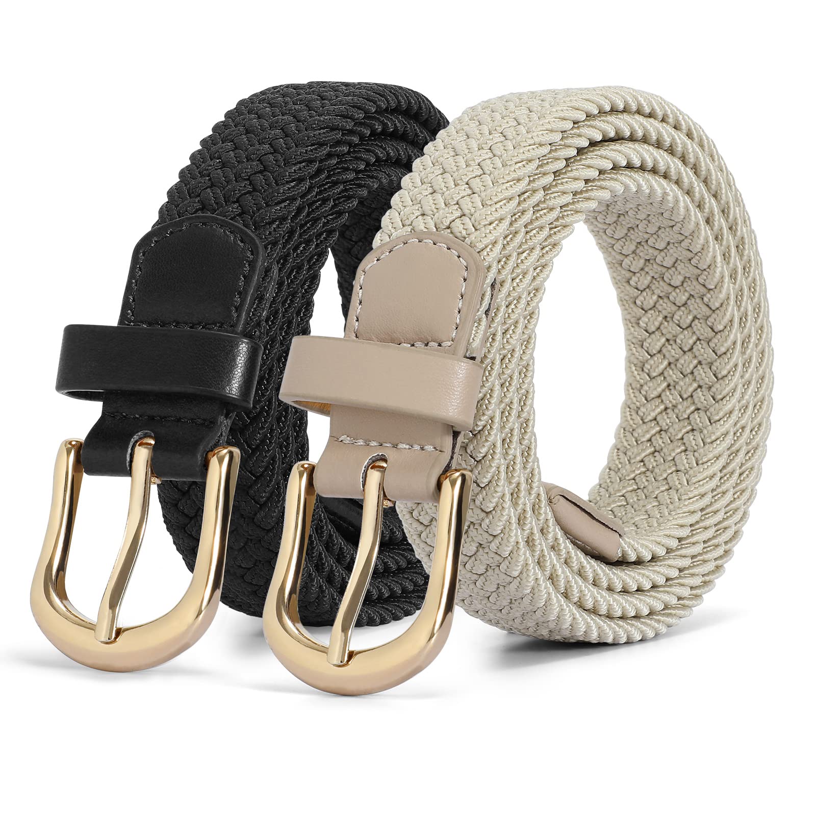 JASGOOD Women Braided Elastic Belt, 1'' Narrow Width Woven Fabric Belt for Jeans Men Golf Belt with Gold Buckle, B-Black+Khaki