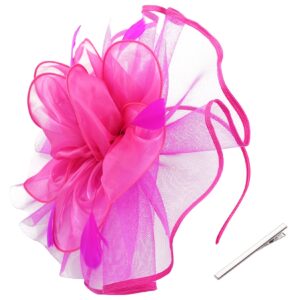 Fascinators Hat for Women Tea Party Fascinator 20s 50s Cocktail Church Wedding Headwear Large Ruffle Fascinator Hat (Fuchsia Red)