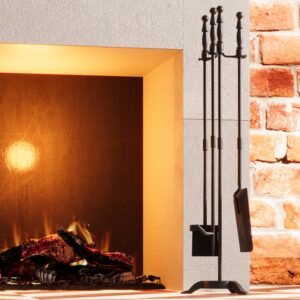 Fire Beauty Fireplace Tools Set 4 Pieces Black Wrought Iron Fire Tool Set for Outdoor/Indoor Include Poker, Shovel, Brush and Stand Accessories Set