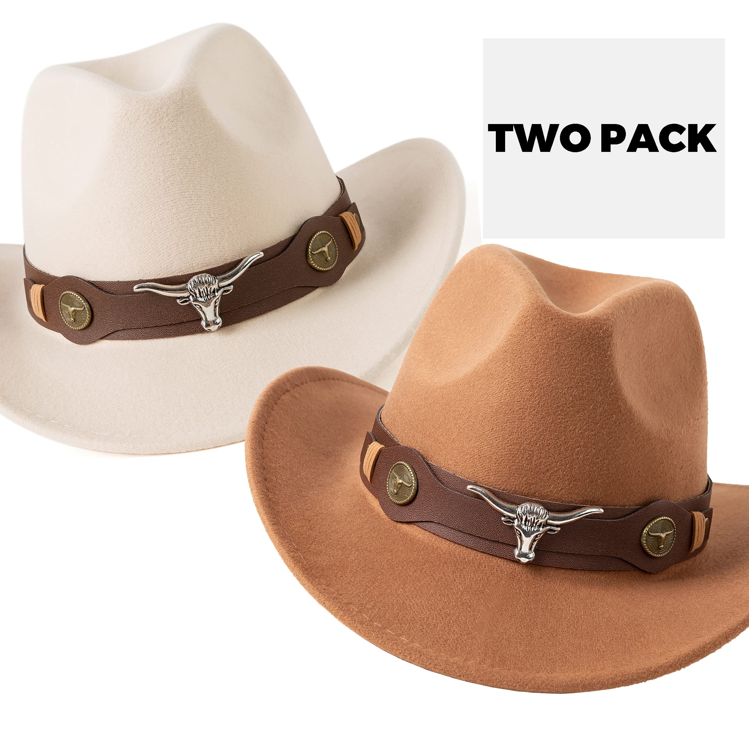 Zokunari Womens 2 Pack Western Style Cowboy Hats with Wide Belt Buckle Beige+Khaki