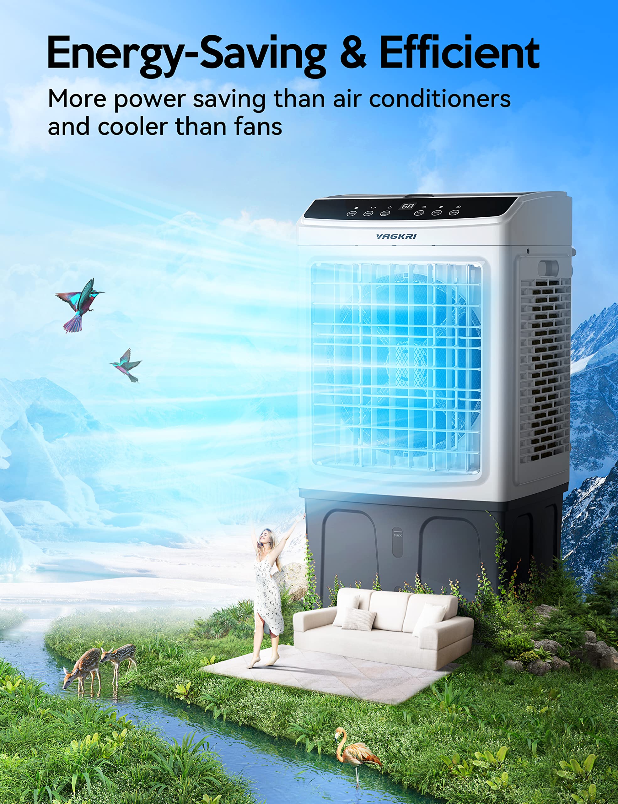 VAGKRI Evaporative Air Cooler, 2200CFM Swamp Cooler, 120°Oscillation Air Cooler with Remote Control, 24H Timer, 3 Modes & Wind Speeds for Outdoor Indoor Use, 9.2Gallon