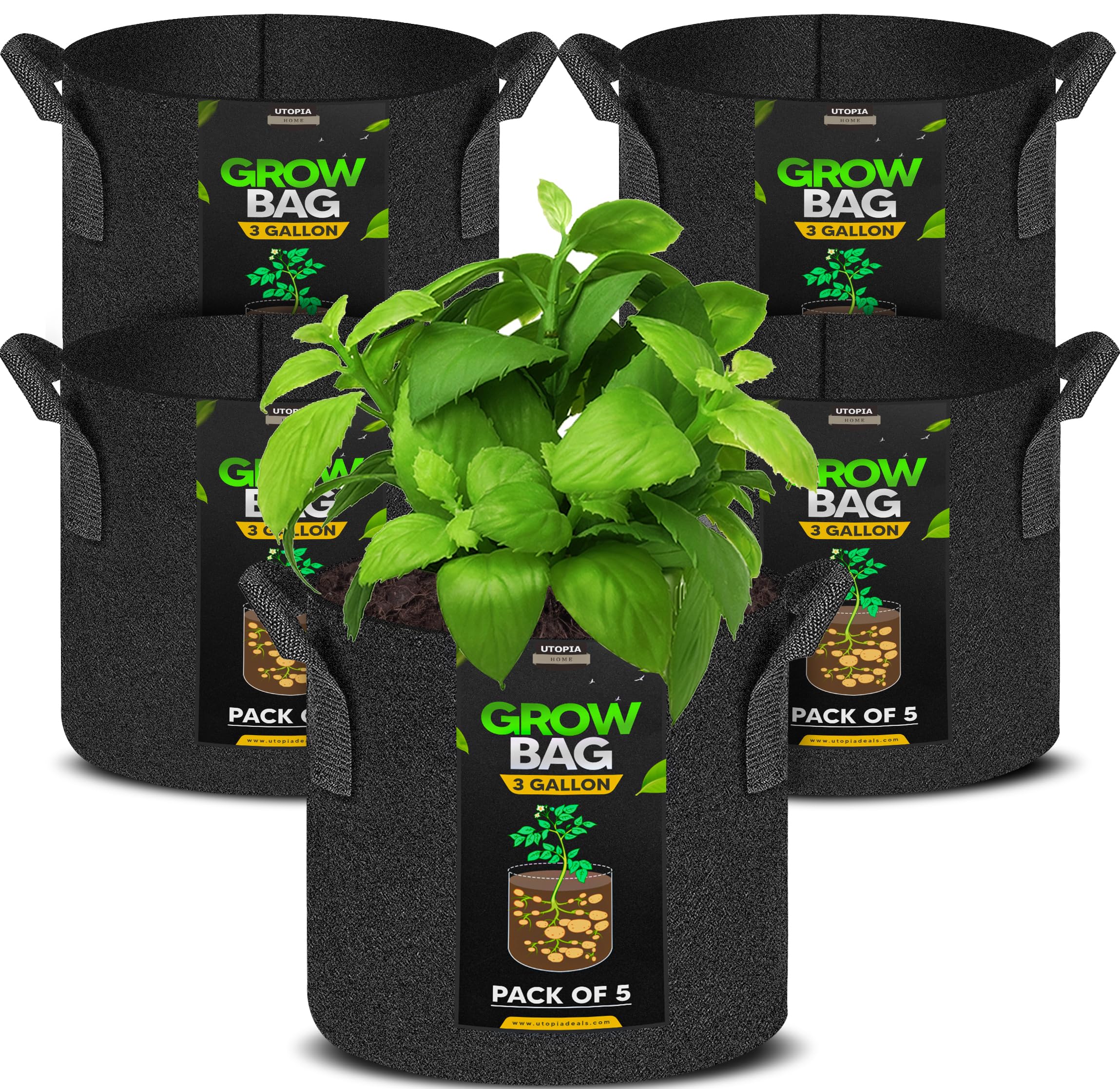 Utopia Home 5 Pack 5 Gallon Grow Bags, 300G Thickened Nonwoven Plant Fabric Pots for Outdoor, Grow Pots, Garden Plant Bags, Aeration Fabric Planter Bags for Fruits, Vegetables and Flowers