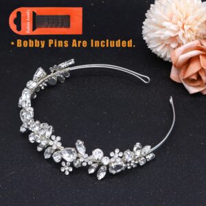 Oriamour Crystal Wedding Headbands Handmade Bridal Headpieces For Bride Flower Girl Wedding Hair Accessories For Bridesmaids Prom Party (Silver)