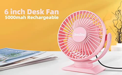 Senlleo 6 inch Rechargeable Desk Fan, 5000mah Portable Battery Fan, 3 Speeds, 720° Rotation, 8-30Hours Work, Removable Fan Cover, Battery Powered Personal Quiet Fan - Pink