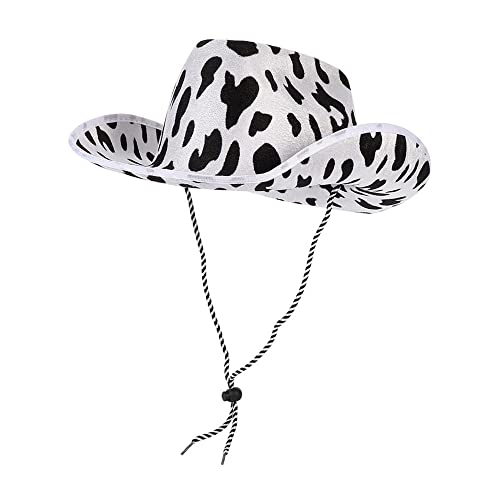 TOPORTY Cow Print Cowboy Hat White and Black Felt Hat with Adjustable Lanyard Cowboy Style Hat for Men and Women