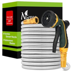 ngreen stainless steel garden hose - flexible metal water hose with nozzle, puncture, rust proof and corrosion resistant, never kink and high pressure, collapsible and easy to store (25ft)