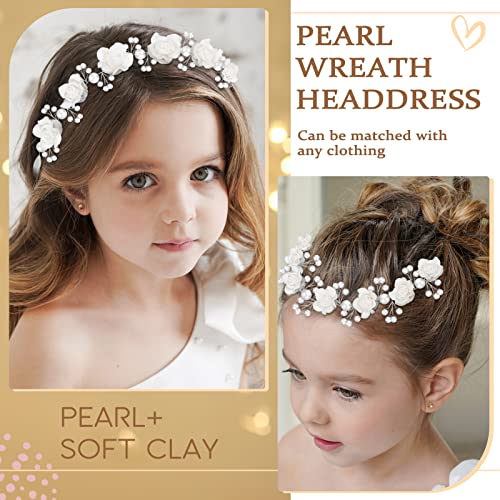 Tanfeine Wedding Hair Accessories for Kids, Princess Headpiece White Flower Headband with Pearls for Communion