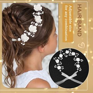 Tanfeine Wedding Hair Accessories for Kids, Princess Headpiece White Flower Headband with Pearls for Communion