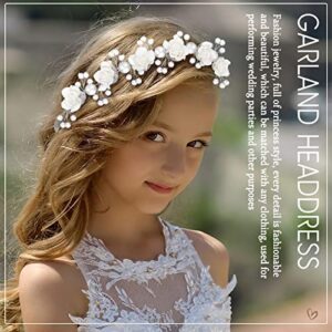 Tanfeine Wedding Hair Accessories for Kids, Princess Headpiece White Flower Headband with Pearls for Communion