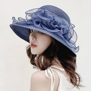 Women Organza Derby Sun Hat,Kentucky Fascinator Cocktail Tea Party Hat Flower Church Wedding Bridal Straw Caps Dark Navy