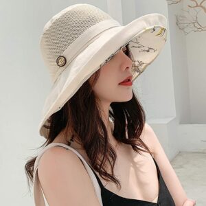 Women-Mesh-Sun-Hats-Bucket-Hat - Summer-Beach-Hat Fishing-Hat-Outdoor-UV-Protection Foldable-Travel-Hiking-Cap Beige