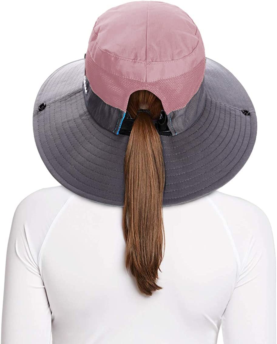 Rosoz Ponytail Sun Bucket Hats for Women UV Protection Foldable Mesh Wide Brim Hiking Beach Fishing Summer Safari