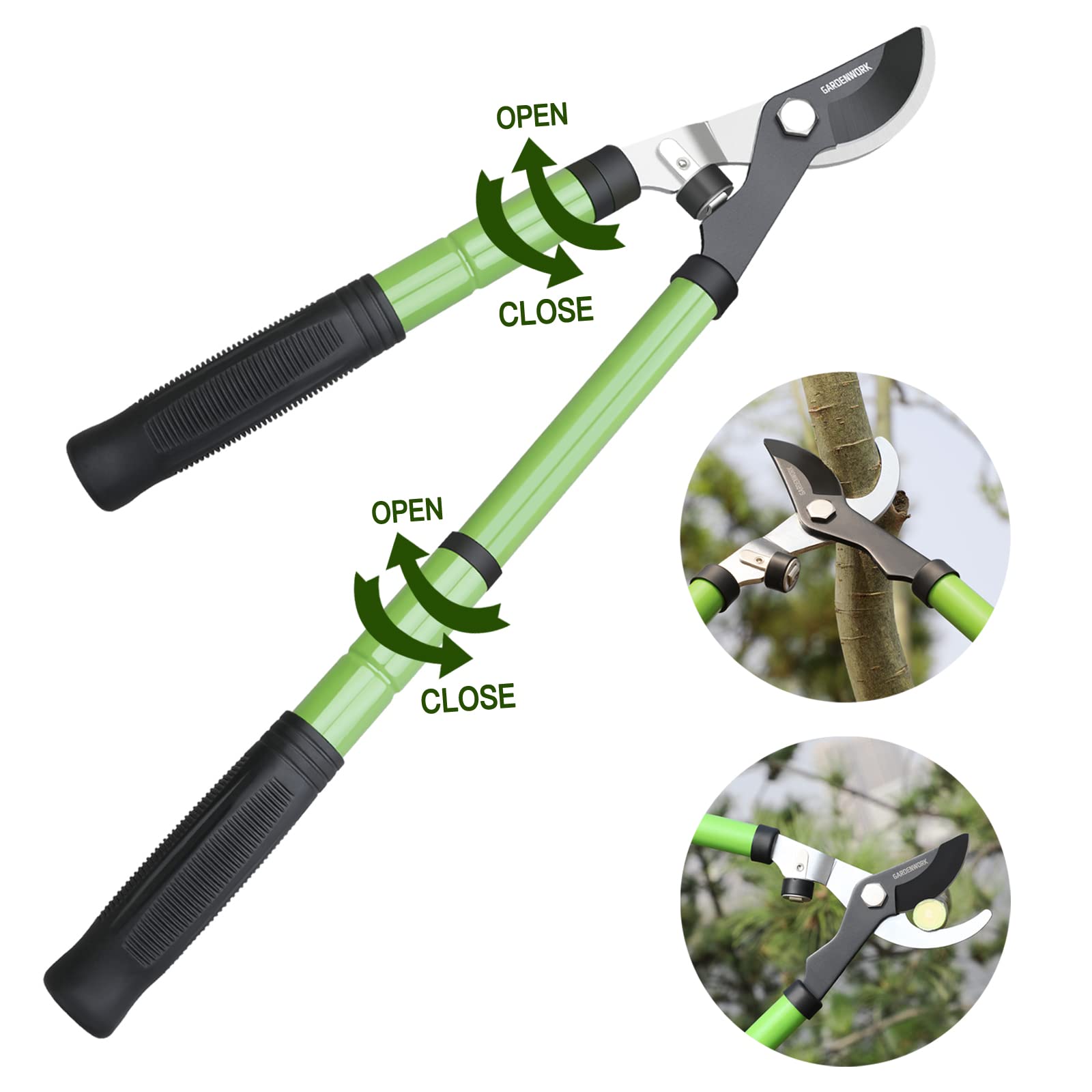 GARDENWORK Extendable Bypass Loppers Tree Trimmer with Compound Action,17-23"Telescopic Heavy Duty Branch Cutter,SK5 Sharp Blade Cutting 2 in Shrubs and Branches