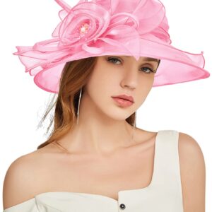 TLMNU Organza Fascinator Hat - Women¡¯s Wide Brim Church Bridal Tea Party Wedding Hat 03Rose