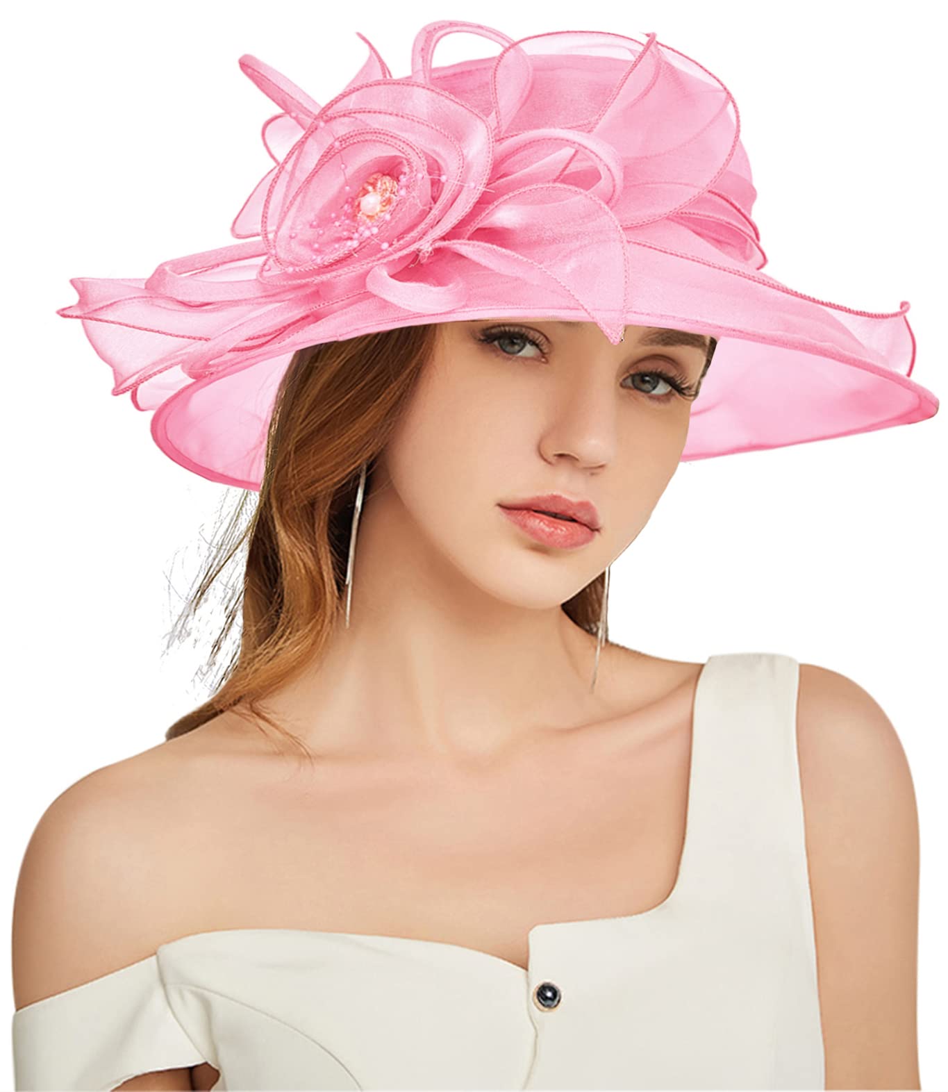 TLMNU Organza Fascinator Hat - Women¡¯s Wide Brim Church Bridal Tea Party Wedding Hat 03Rose