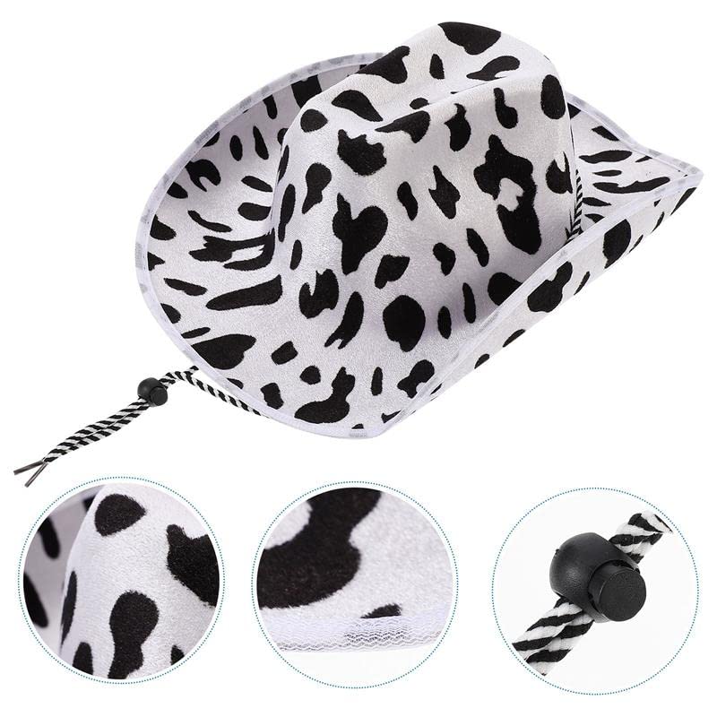 TOPORTY Cow Print Cowboy Hat White and Black Felt Hat with Adjustable Lanyard Cowboy Style Hat for Men and Women