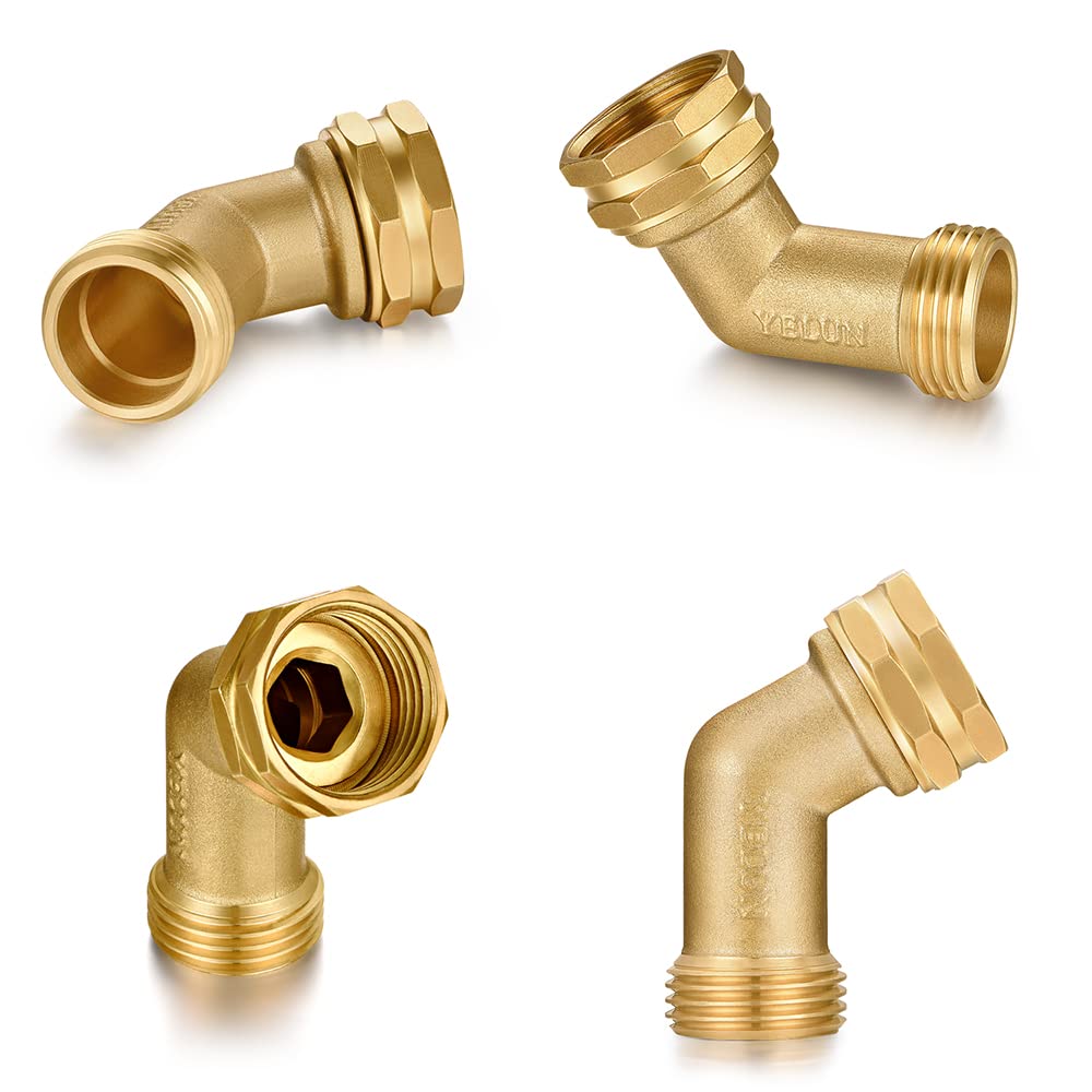 YELUN Garden Hose Elbow Connector 45 Degree Solid Brass Pipe Fittings Hose Elbow -Eliminates Stress and Strain On RV Water Intake Hose Adapter 3/4" FHT x 3/4" MHT (45 Degree Hose Elbow)