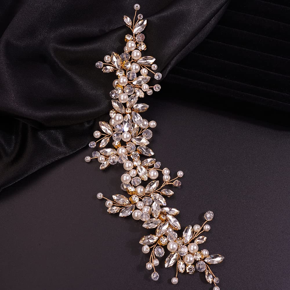 Teyglen Rhinestones Pearl Crystal Large Headband Hair Vine Bridal Flower Headband Wedding Hair Accessories Hair Piece Gold Headpieces for Women(Gold)