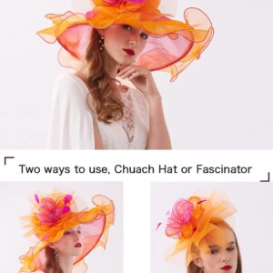 ELLYDOOR Women Organza Derby Hat Wide Brim Wedding Tea Party Hat Beads Floral Fascinator Church Hat 20-Orange