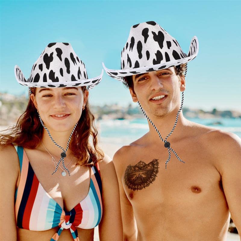 TOPORTY Cow Print Cowboy Hat White and Black Felt Hat with Adjustable Lanyard Cowboy Style Hat for Men and Women