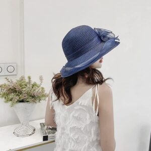 Women Organza Derby Sun Hat,Kentucky Fascinator Cocktail Tea Party Hat Flower Church Wedding Bridal Straw Caps Dark Navy