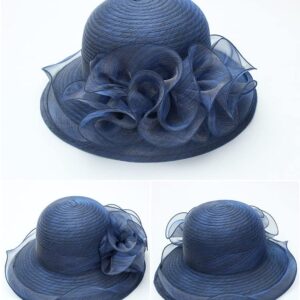 Organza Kentucky Fascinator Hat for Women - Derby Cocktail Tea Party Sun Hat Wedding Bridal Flower Church Hat Packable Dark Navy