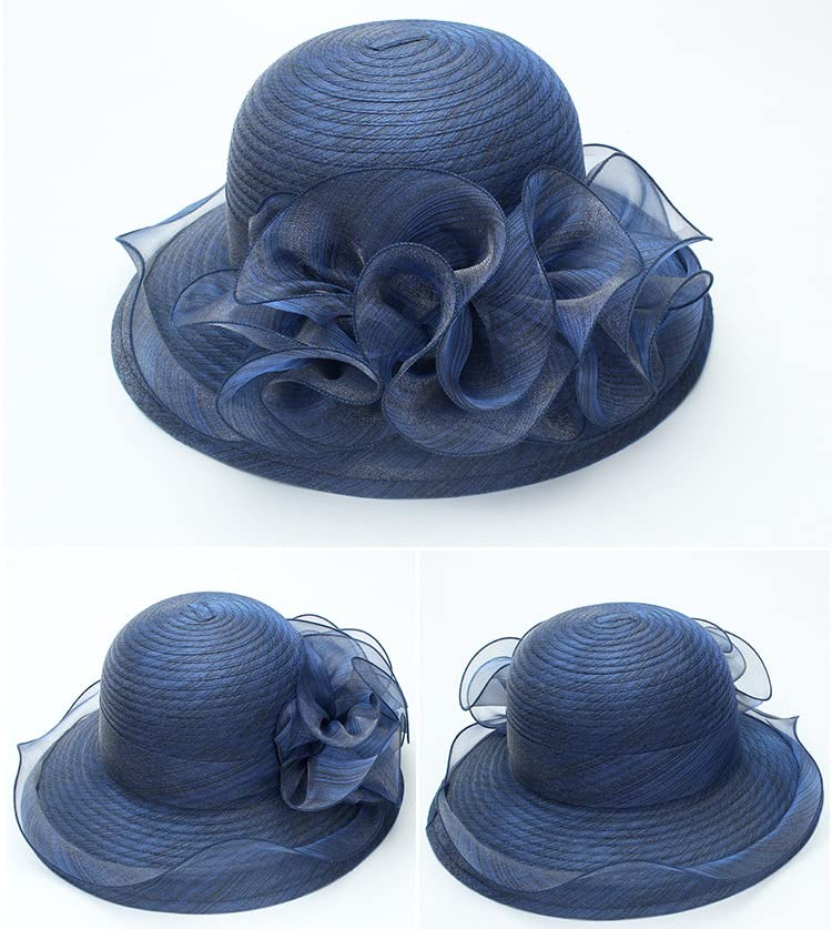 Organza Kentucky Fascinator Hat for Women - Derby Cocktail Tea Party Sun Hat Wedding Bridal Flower Church Hat Packable Dark Navy