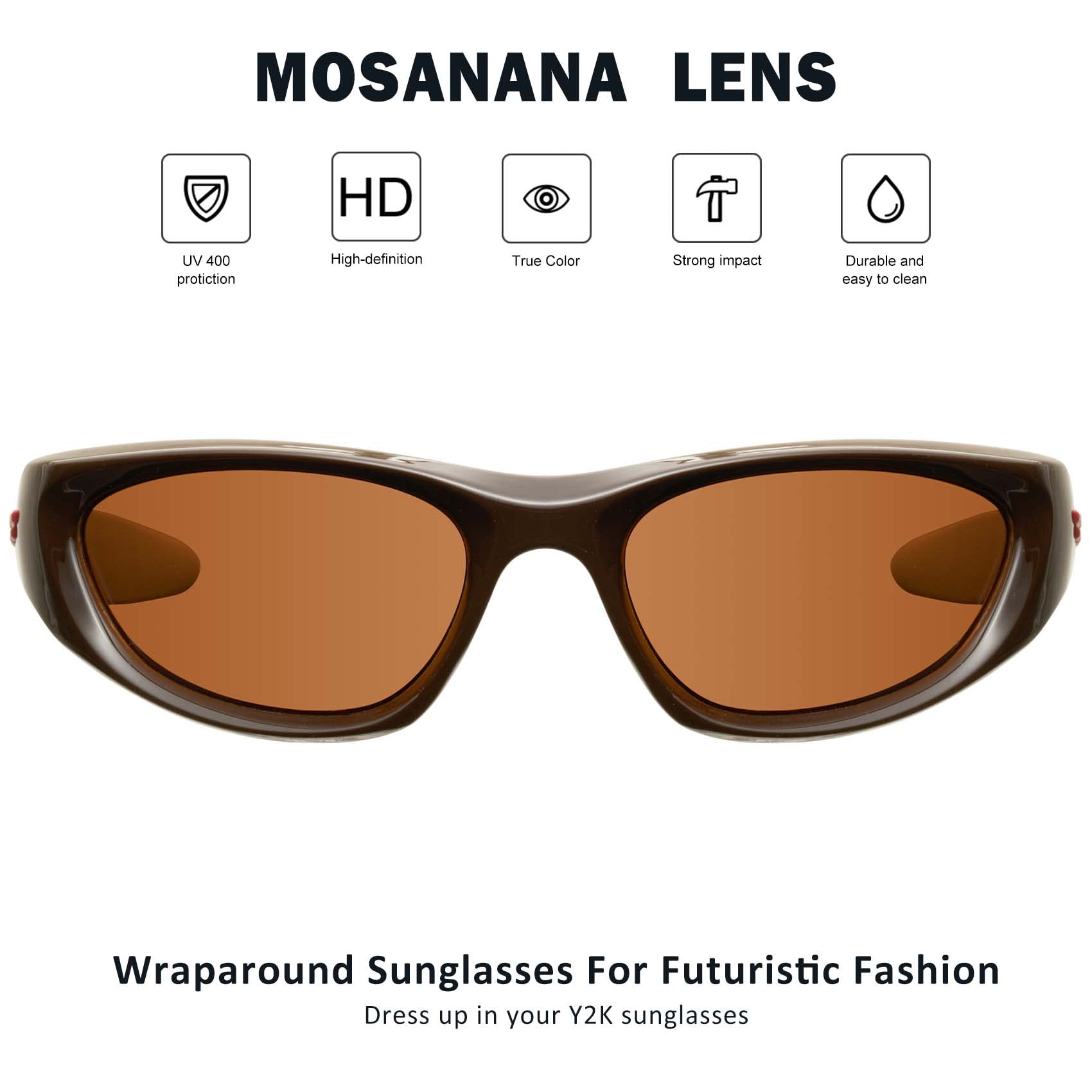 mosanana Y2k Wrap around Sunglasses for Women Men Trendy Cool Cute Funky Fashion Retro Vintage Brown Unique Stylish 90s Aesthetic Shade Sunnies Futuristic Chunky Cyber Ladies Sun Glasses Frame Freak