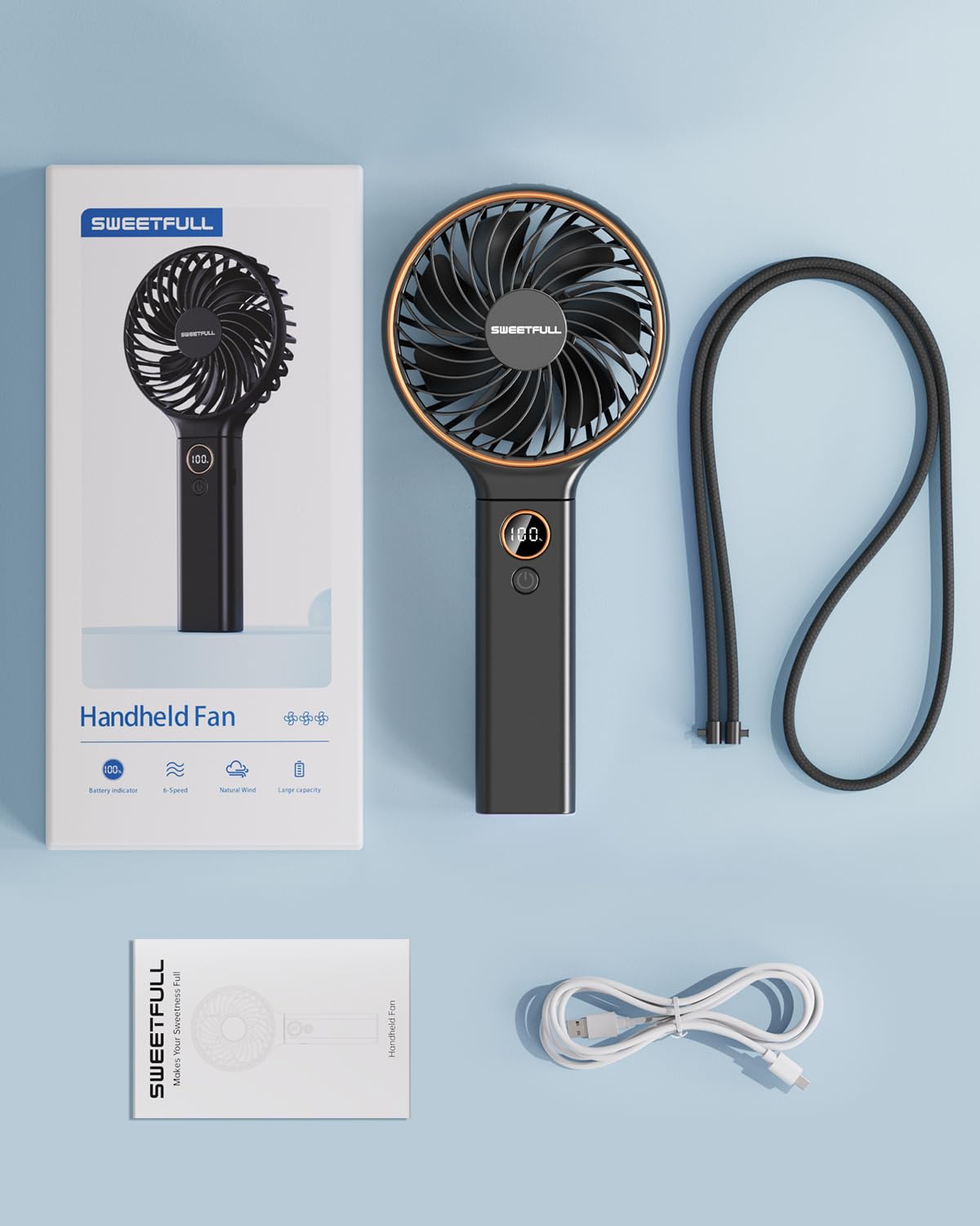 SWEETFULL Handheld Fan, Portable Fan, 5000mAh Rechargeable Battery, 6 Speed Wind, LED Display, Personal Mini Travel Fan with Backup Power, Hand Held Fan USB Foldable Electric Fan for Women Girl