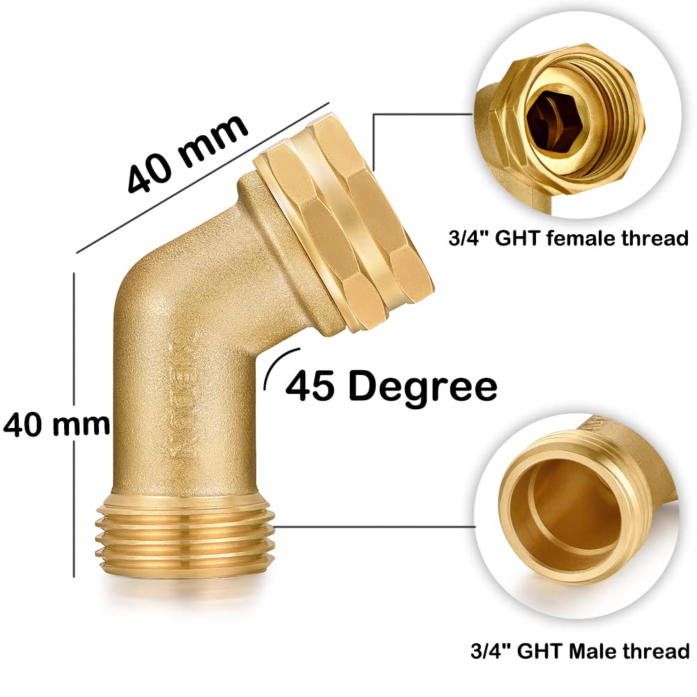 YELUN Garden Hose Elbow Connector 45 Degree Solid Brass Pipe Fittings Hose Elbow -Eliminates Stress and Strain On RV Water Intake Hose Adapter 3/4" FHT x 3/4" MHT (45 Degree Hose Elbow)