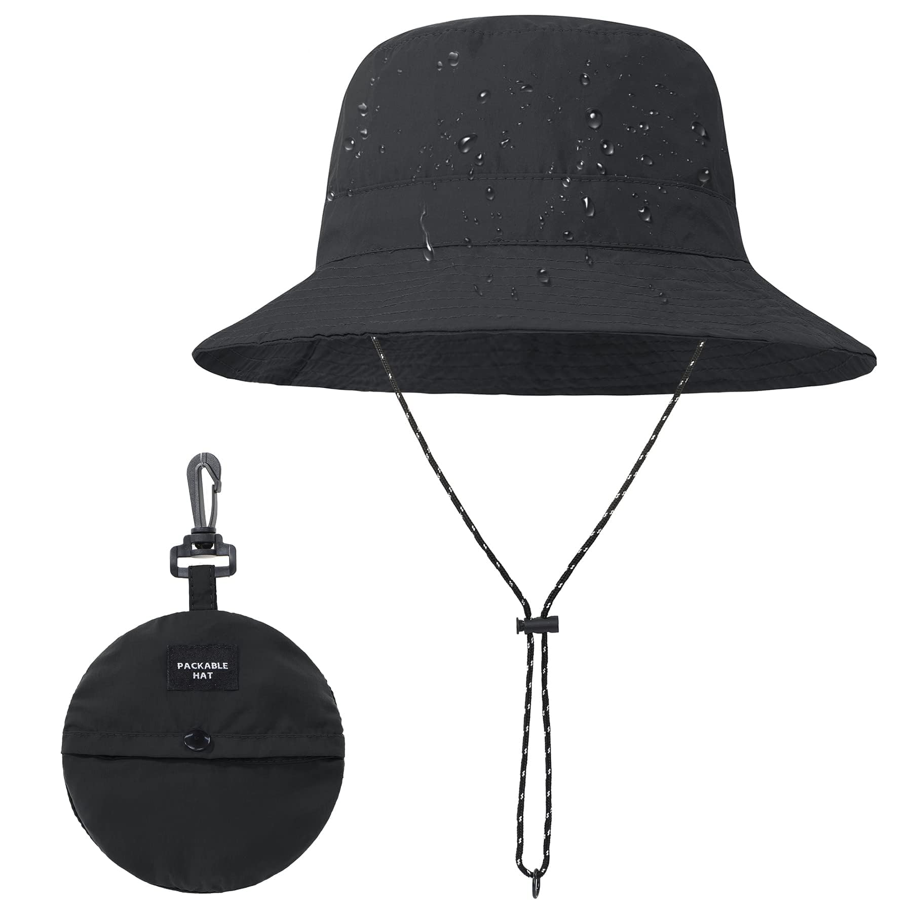 Zando Waterproof Bucket Hat for Women Men Outdoor Fishing Hats for Men Packable Black Bucket Hat Women Beach Hiking Hat Wide Brim Summer Hat Adjustable Bucket Hat with Strings for Men Black Hat