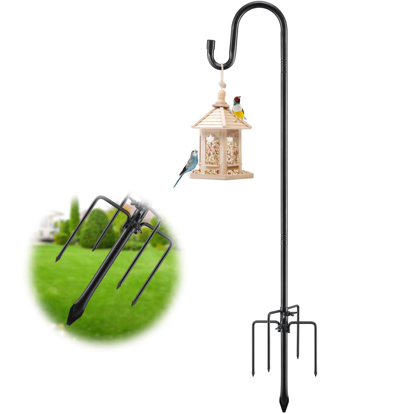 Bird Feeder Pole Hanger - 78 Inch Heavy-duty Shepherds Hooks for Outdoor Garden Decor,Adjustable 5 Prong Shepards Hook Hummingbird Feeder Stand for Hanging Birdfeeders,Wind Chime,Plant - Black