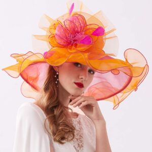 ELLYDOOR Women Organza Derby Hat Wide Brim Wedding Tea Party Hat Beads Floral Fascinator Church Hat 20-Orange