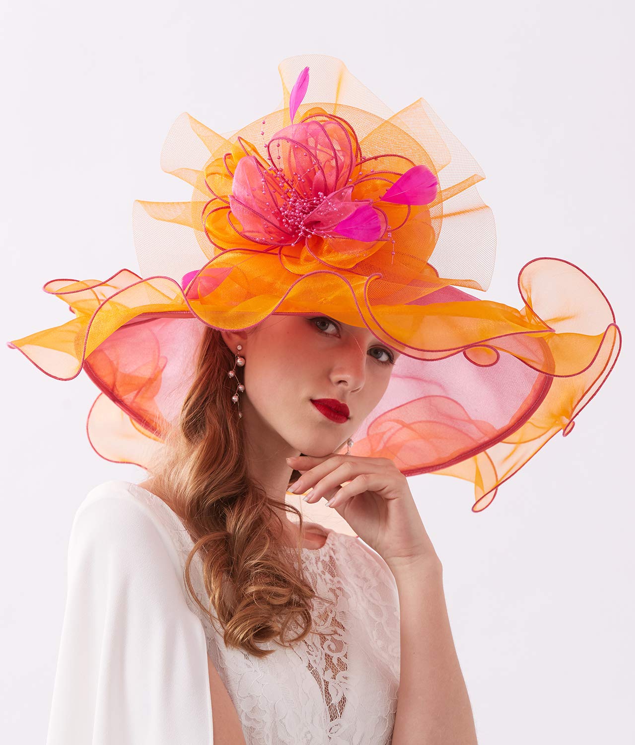 ELLYDOOR Women Organza Derby Hat Wide Brim Wedding Tea Party Hat Beads Floral Fascinator Church Hat 20-Orange