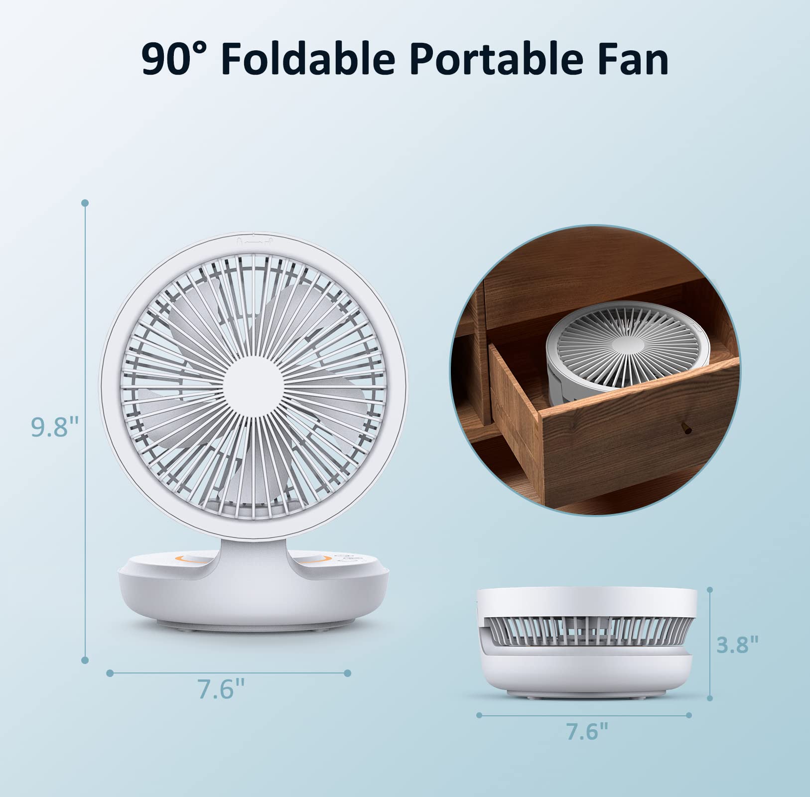 shinic Ultra Quiet Table Fan, Rechargeable Battery Operated Desk Fan with Auto Oscillation, 4 Speeds Portable Air Circulation Fan with Hook, Small Wall Fan for Bedroom Home Desktop Office, White