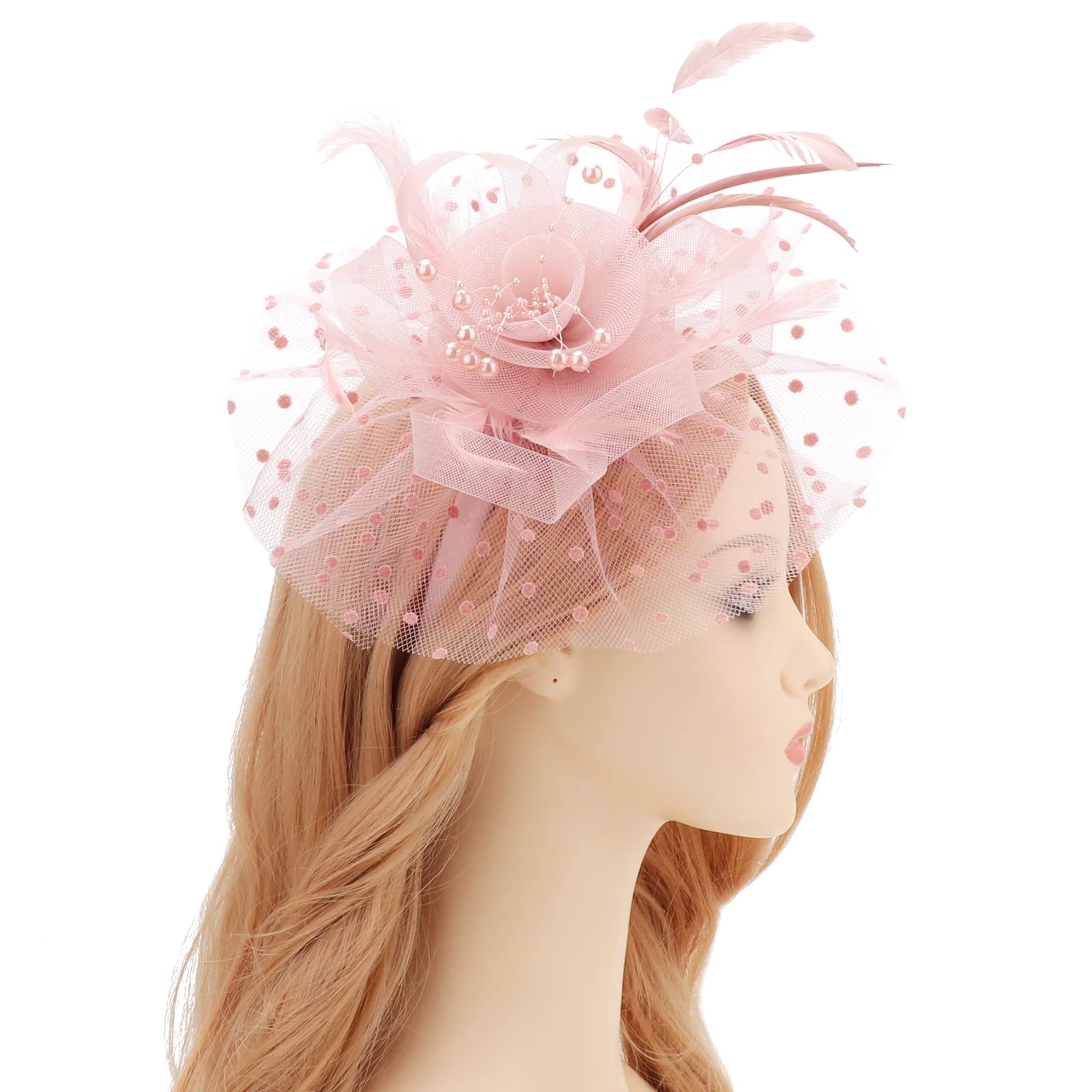 DRESHOW Fascinators Hat Flower Mesh Ribbons Feathers on a Headband and a Clip Tea Party Headwear for Girls and Women